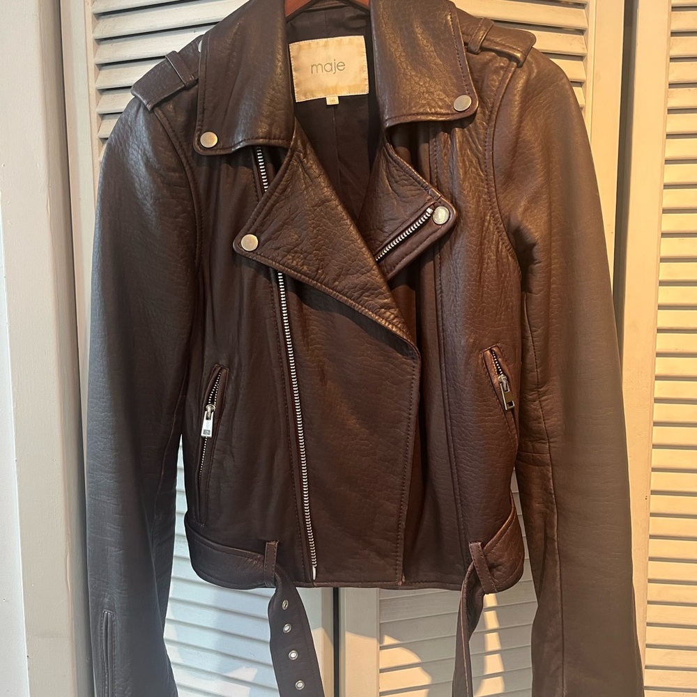 Maje Brown Leather Moto Jacket Asymmetrical Zipper